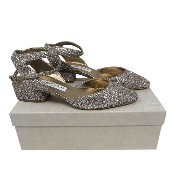 Jimmy Choo Glitter Vicky Glitter Low Block Heel Pumps Champagne Gold 7 - Picture 2 of 8